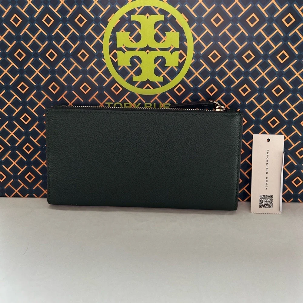 Tory Burch Blake Color Block Slim Envelope Wallet Basil Gold Dark Green